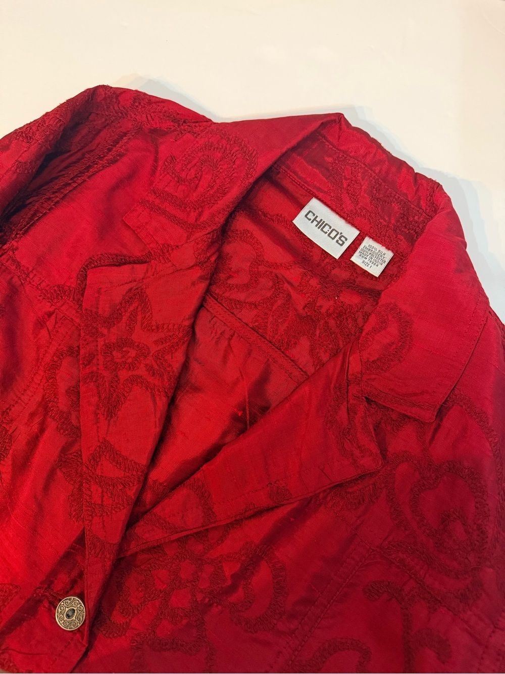 Chico's Woodbury Jacket Medium Red Silk Embroidered Button Front Western